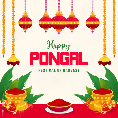 Traditional south indian harvest festival pongal illustration featuring festive pot, sugarcane, and colorful rangoli in celebration poster