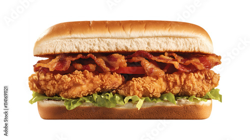 Crispy chicken sandwich with bacon isolated on a transparent background.