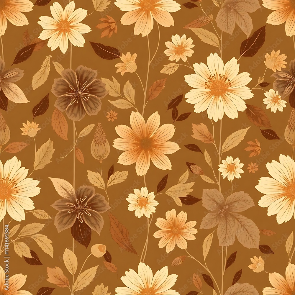 Autumnal Floral Seamless Pattern: A warm and inviting pattern with a vintage aesthetic, featuring delicate floral designs in shades of brown, beige, and cream. Autumnal Floral Seamless Pattern: A warm and inviting pattern with a vintage aesthetic, featuring delicate floral designs in shades of brown, beige, and cream.
