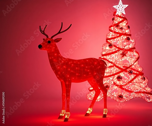 lighted reindeer standing next to a christmas tree with a star on top. photo