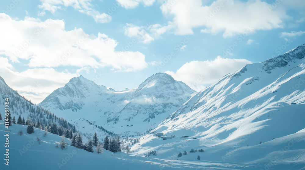 Fototapeta premium Serene winter mountain landscape peaceful snowy peaks sunlit valley