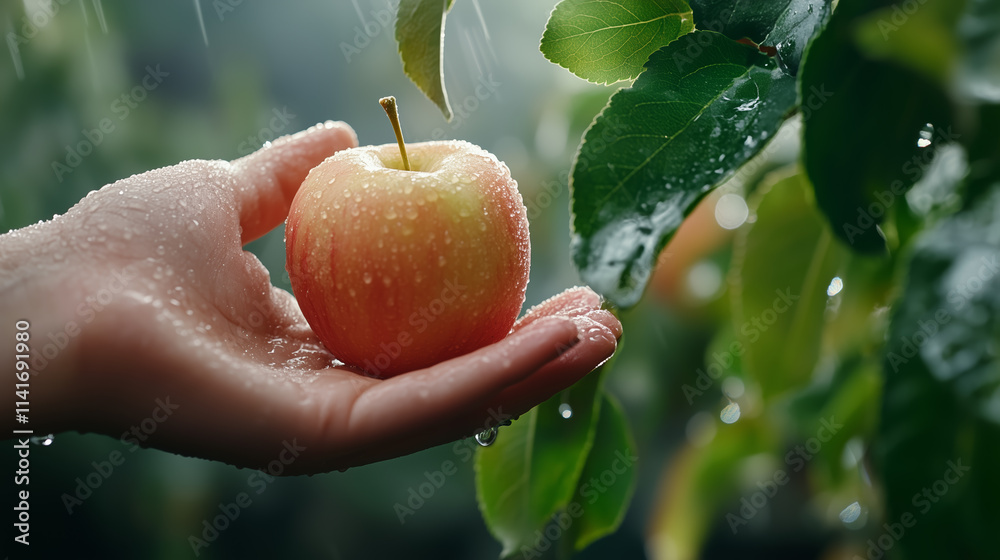 Harvesting a fresh apple with water droplets in a lush garden during early morning light