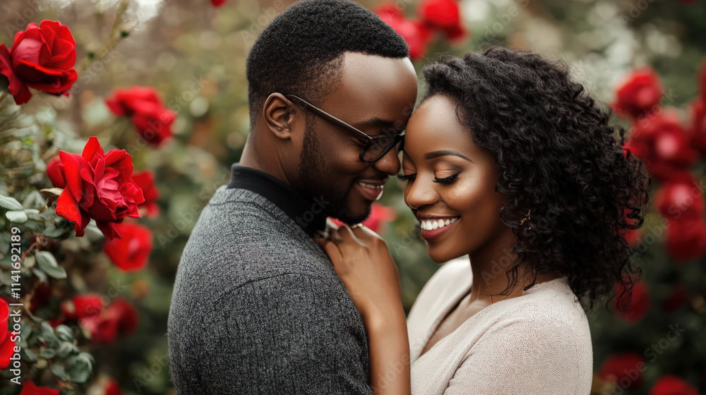 Tender embrace, joyful couple amidst red roses. moment of warmth and affection Tender embrace, joyful couple amidst red roses. moment of warmth and affection