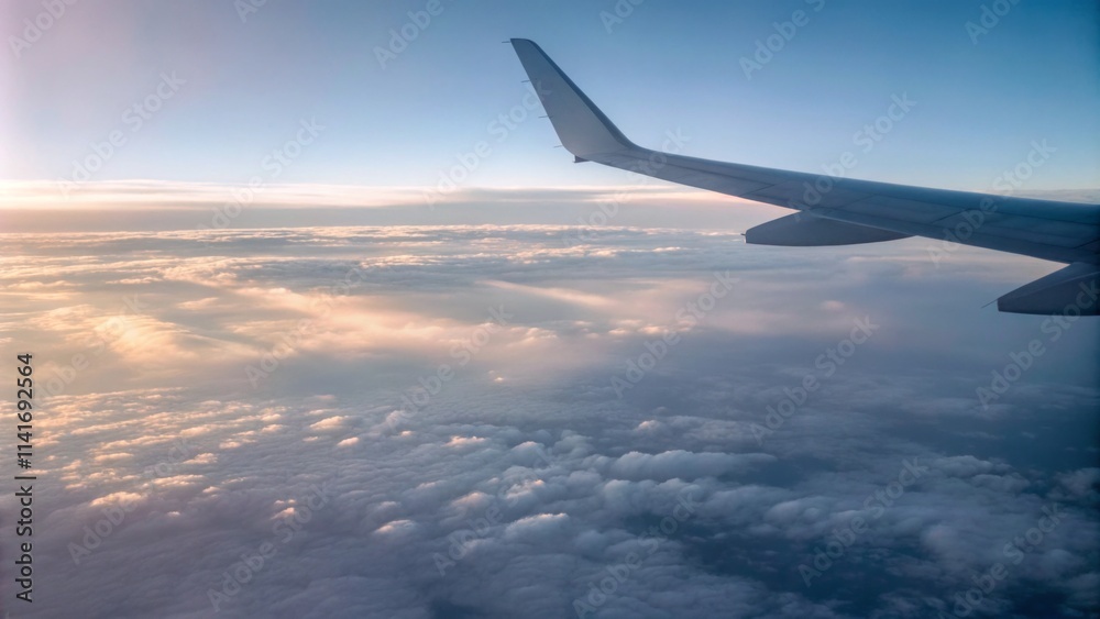 Fototapeta premium Wide-angle airplane wing soaring above clouds for travel branding and ads 