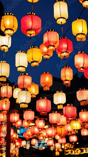 A large number of lanterns on dark blue sky