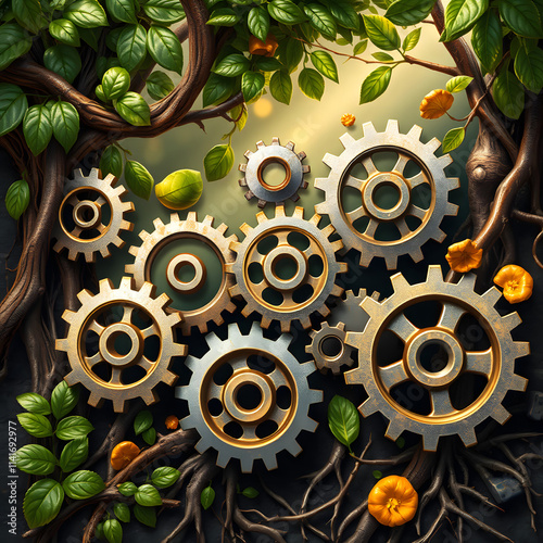 Intricate gears interlock, entwined with nature. Light illuminates harmony. Metallic hues, vibrant greens, warm golds. Symbolize teamwork, growth, synergy