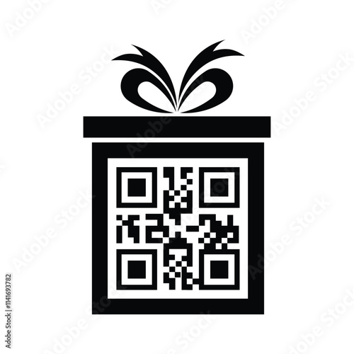 Merry Christmas and Happy New Year! Gift box with bow and greetings. Icon. Black and white. Vector QR code