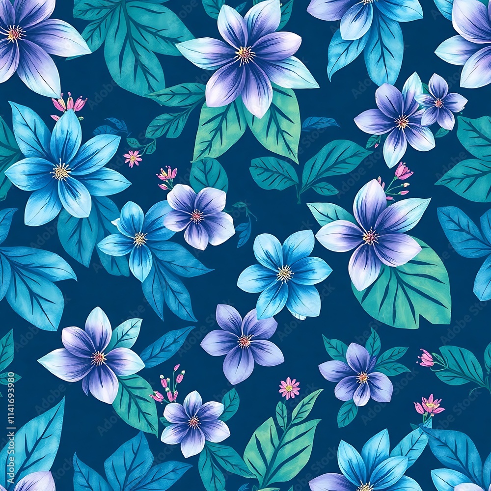 Fototapeta premium Blue Floral Pattern: A seamless pattern featuring vibrant blue and purple flowers with green leaves on a deep blue background.