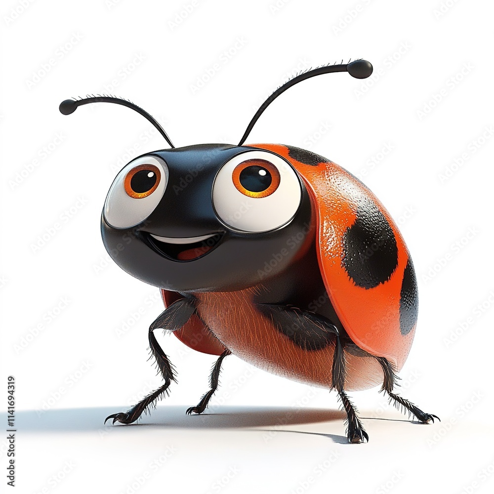 Naklejka premium 3D cartoon, a happy ladybug character with legs walking on a white background