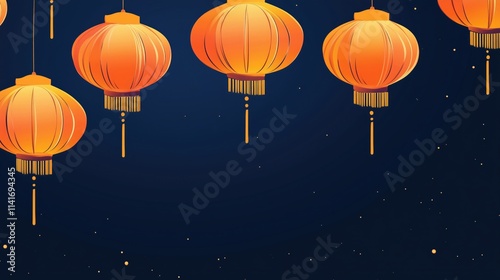 Chinese orange lanterns floating in navy-blue night sky, festive atmosphere