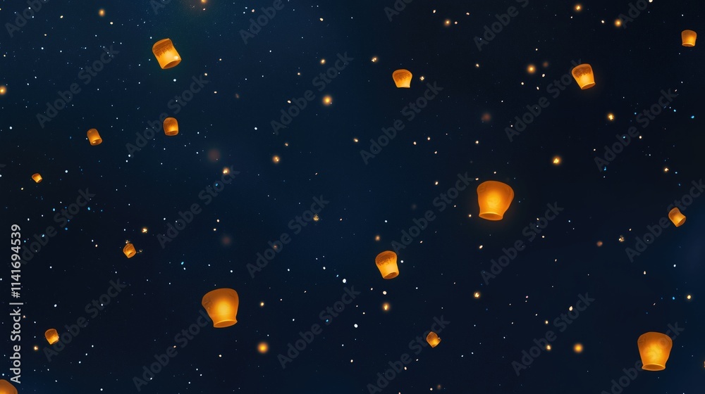Fototapeta premium Chinese orange lanterns floating in navy-blue night sky, festive atmosphere, 