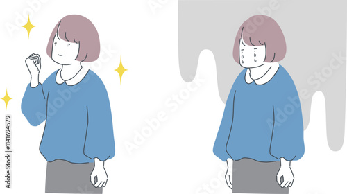 ガッツポーズする女性と落ち込む女性の比較イラスト