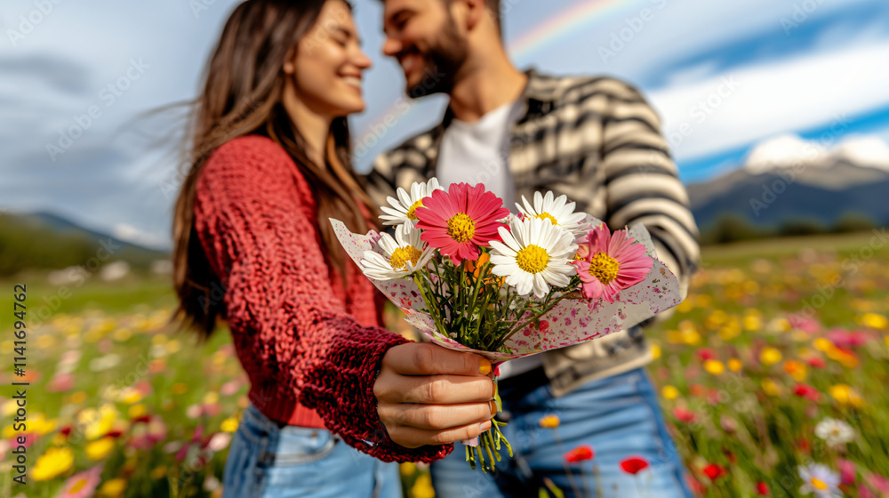 A romantic LGBT couple sharing flowers on a vibrant meadow under a rainbow, surrounded by wildflowers, selective focus on the flowers, copy space for text, ultra HD, A romantic LGBT couple sharing flowers on a vibrant meadow under a rainbow, surrounded by wildflowers, selective focus on the flowers, copy space for text, ultra HD,