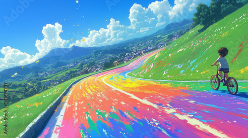 Rainbow Road Adventure: A child rides a bike along a vibrant, rainbow-colored road through a picturesque landscape