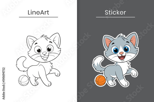 A cute kitten outline and sticker cartoon vector. Cute baby cat playing with ball flat illustration