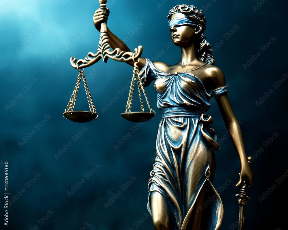 Lady justice holding scales representing artificial intelligence in law. Legal advice on digital technologies, business, finance, intellectual property. Legal consultant, corporate lawyer. Lady justice holding scales representing artificial intelligence in law. Legal advice on digital technologies, business, finance, intellectual property. Legal consultant, corporate lawyer.