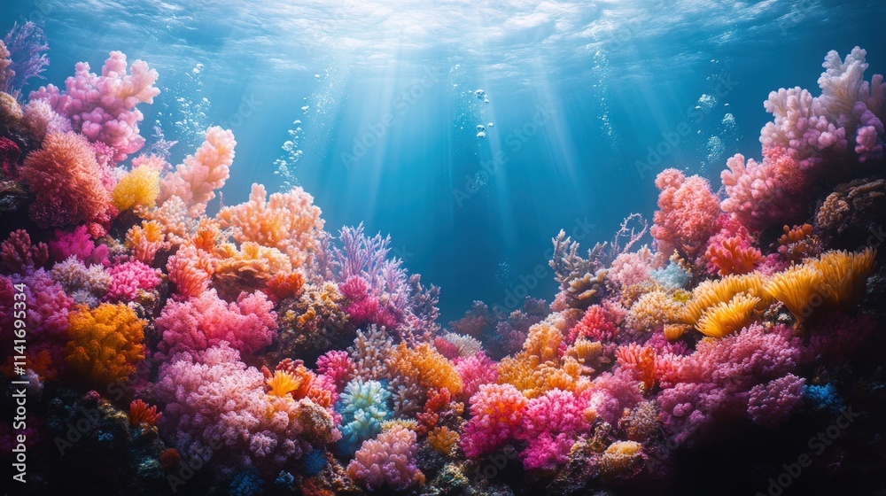 Fototapeta premium Vibrant coral reef, sunlit ocean scene.