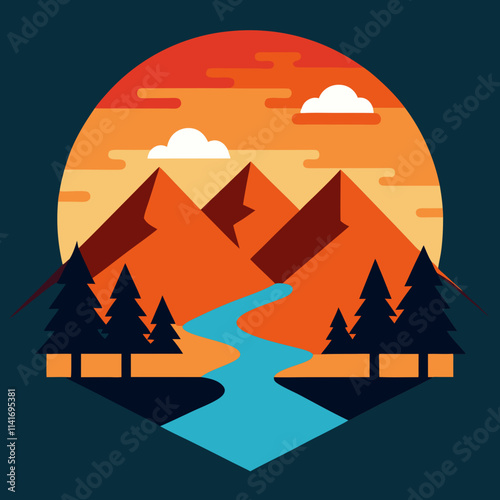 Camping Landscape with Mountains, River, and Golden Sunset for Outdoor Themes
