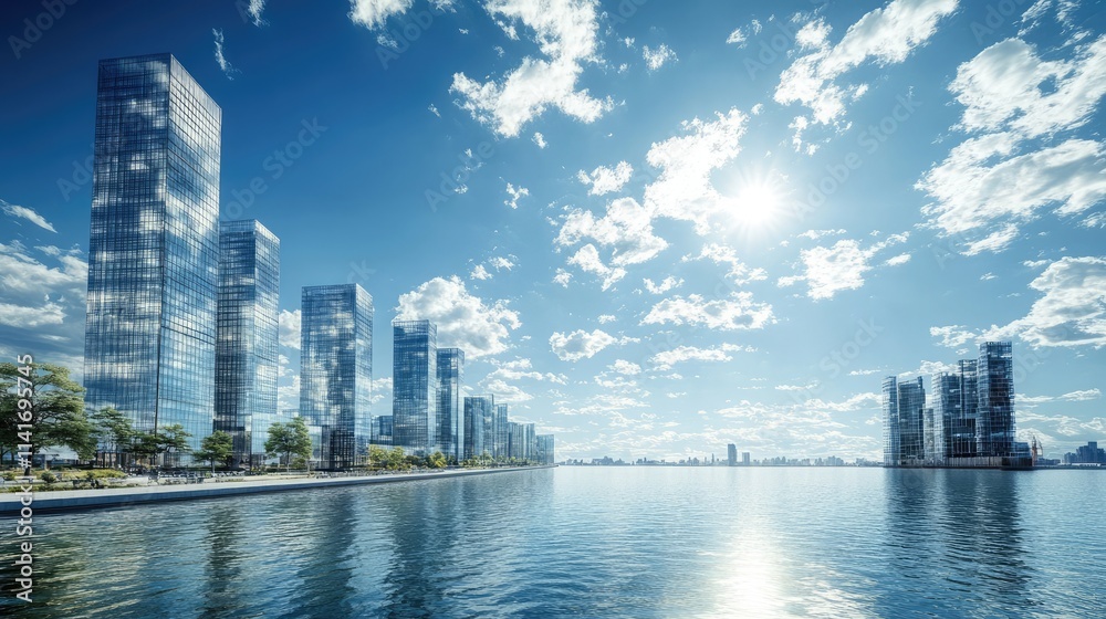 glass skyscrapers lining a peaceful waterfront. The blue sky is filled with scattered clouds, and sunlight glistens on the water, capturing the beauty of urban architecture against nature. glass skyscrapers lining a peaceful waterfront. The blue sky is filled with scattered clouds, and sunlight glistens on the water, capturing the beauty of urban architecture against nature.