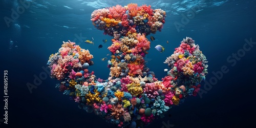 Vibrant Coral Reef Anchor Creation Underwater Displaying Rich Colors and Diverse Marine Life in Clear Ocean Environment photo