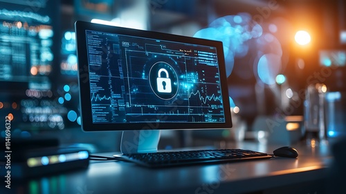 A concept image showing a computer screen with a lock icon over health data, representing the security and privacy of electronic medical records 