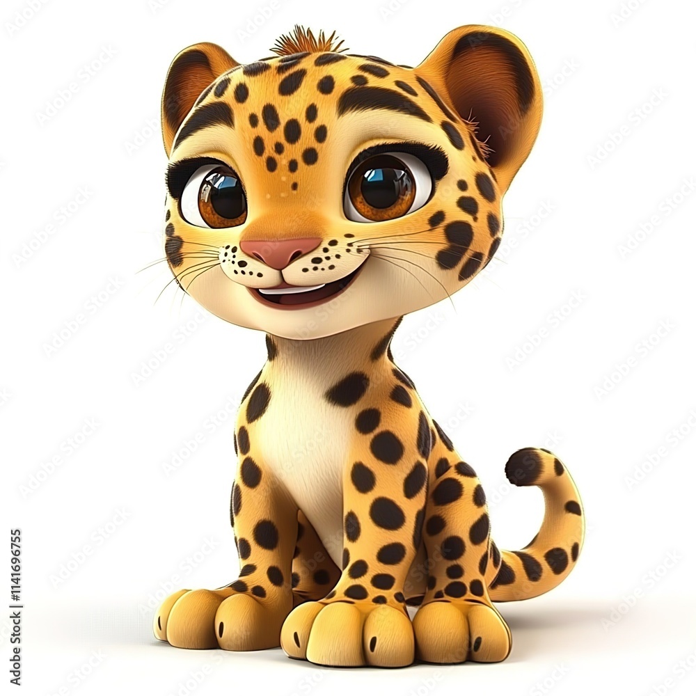 3D cartoon, a happy baby leopard sitting on a white background 3D cartoon, a happy baby leopard sitting on a white background