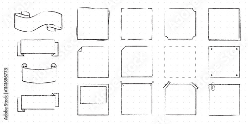 Set of Cute Hand drawn Doodle Banners and Ribbons isolated on white background for your Design. Bullet journal Ideas. Girly Stuff. Sticky Notes.