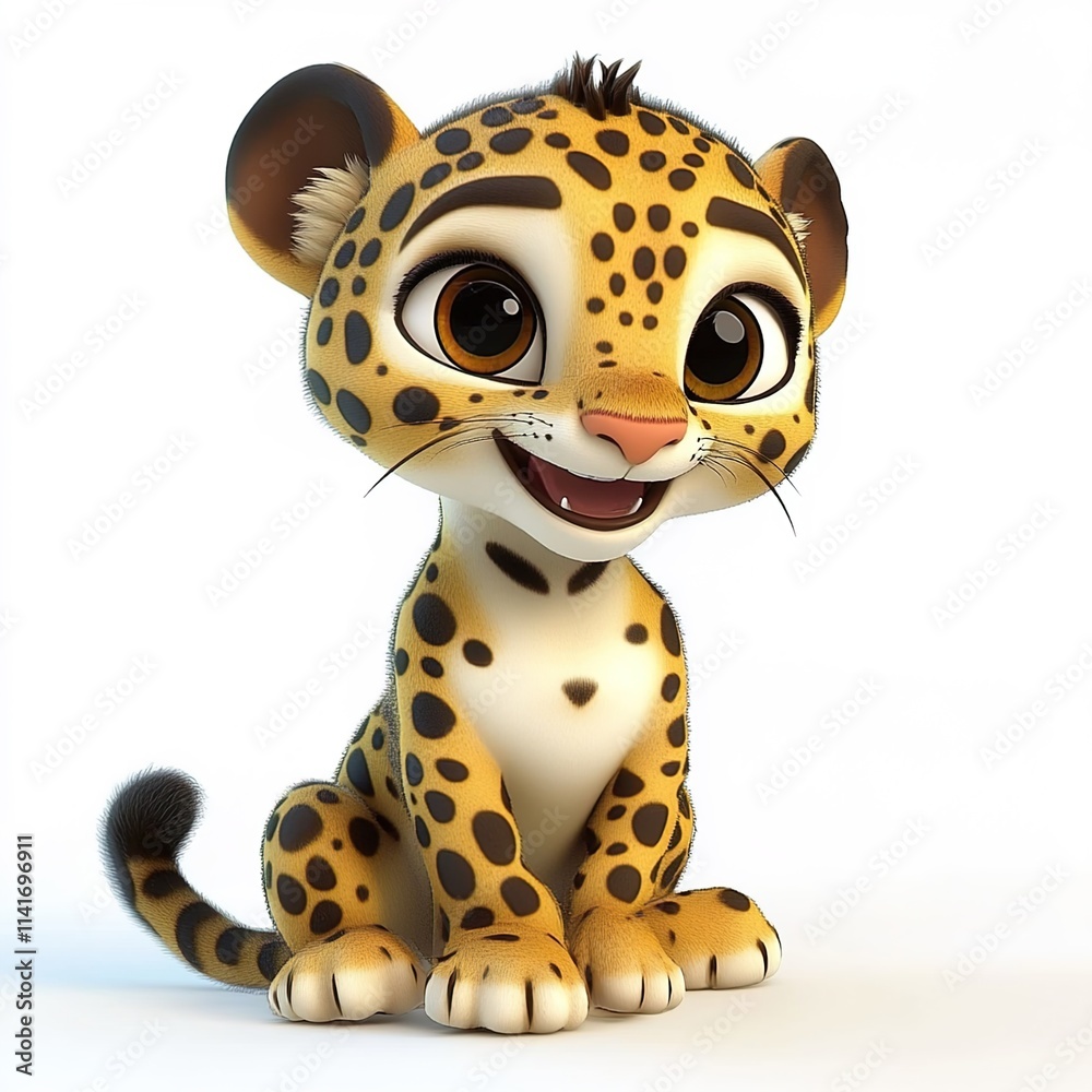  3D cartoon, a happy baby leopard sitting on a white background