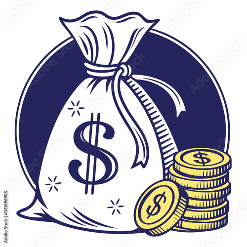 A money bag icon with a golden coin, on a royal blue background Illustrator Artwork