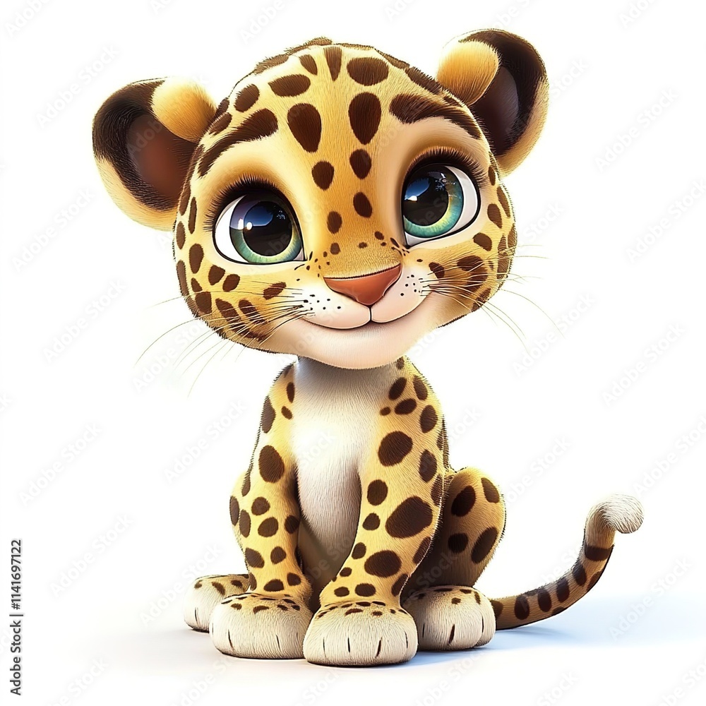 3D cartoon, a happy baby leopard sitting on a white background 3D cartoon, a happy baby leopard sitting on a white background