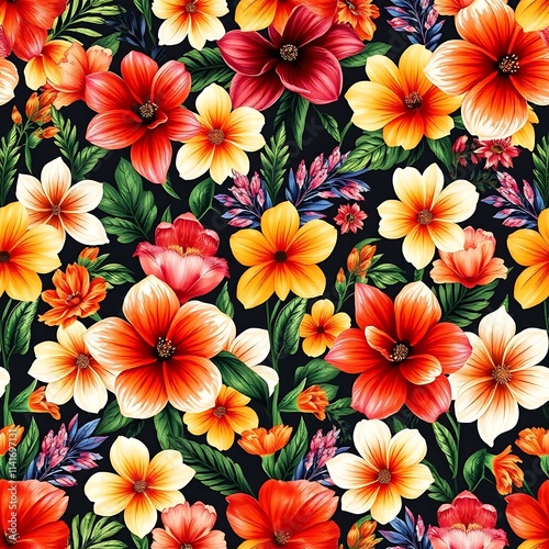 Tropical Floral Rhapsody: A vibrant and captivating seamless pattern featuring a lush array of exotic flowers in various shades of red, orange, yellow, and white, set against a rich black background.