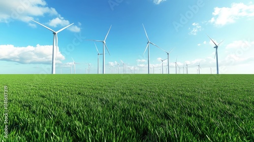An open green field with wind turbines in the distance, each turbine slowly rotating under a bright blue sky. This clean energy concept captures the beauty of renewable resources in nature.
