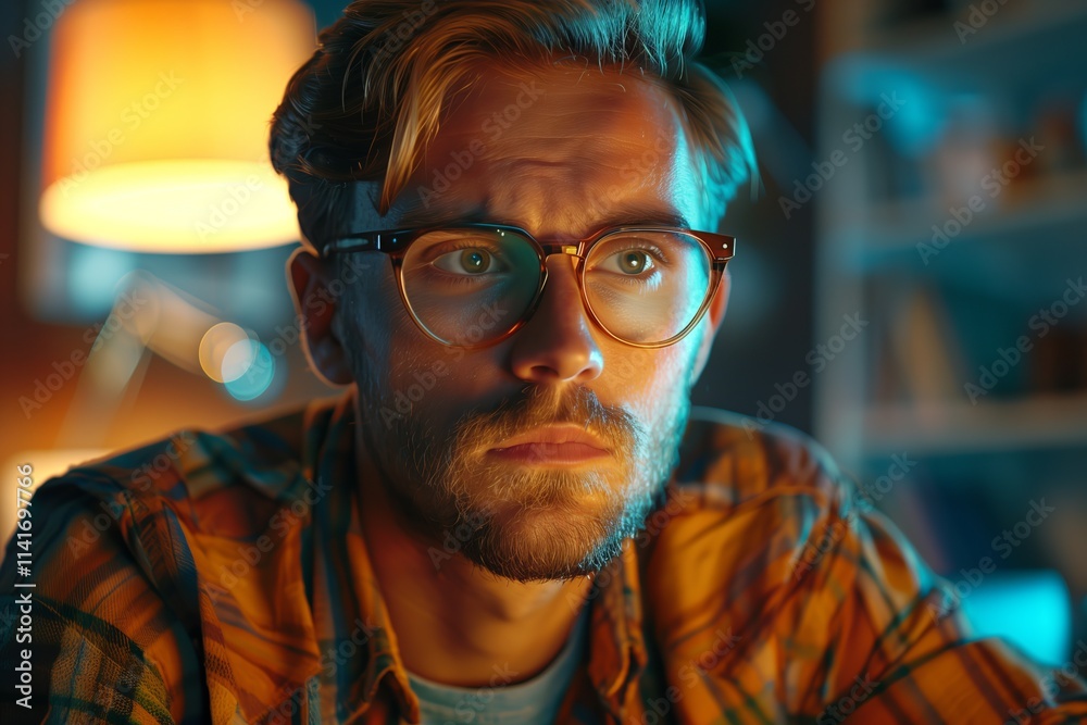 Thoughtful young man in glasses pondering with warm indoor lighting at night.