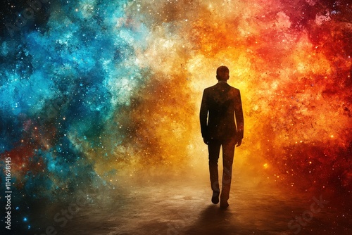 A silhouetted man walks through a vibrant cosmic landscape filled with blue and orange hues, symbolizing exploration and discovery.