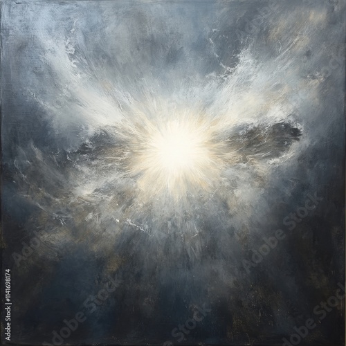 Dynamic celestial explosion abstract art contemporary style dark atmosphere close-up light and shadow play