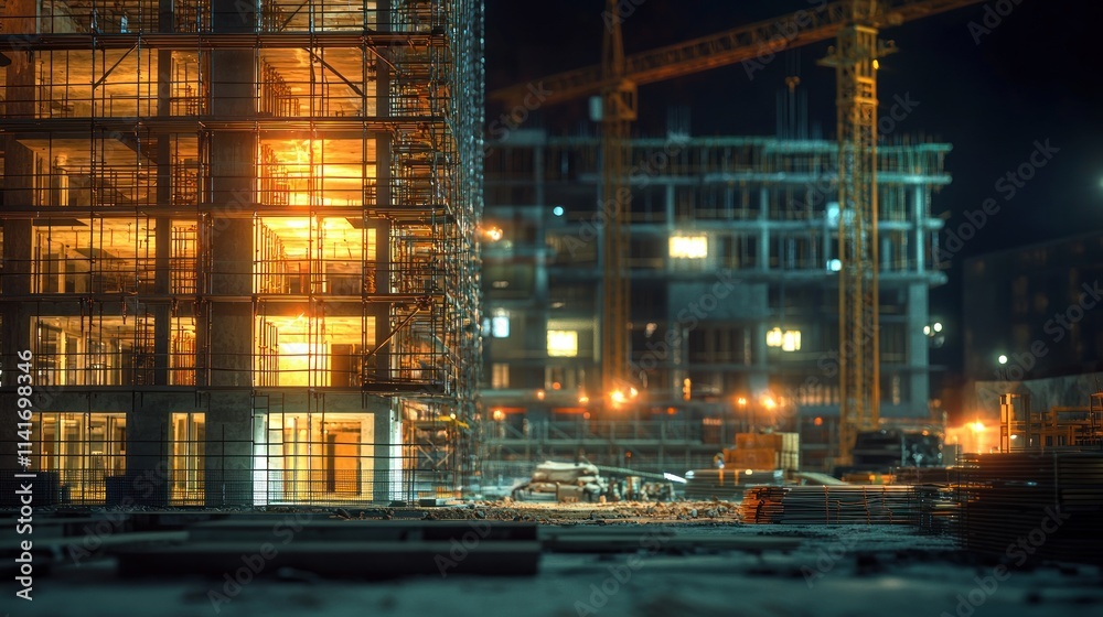 Fototapeta premium Night Construction Site: Illuminated Buildings Under Construction
