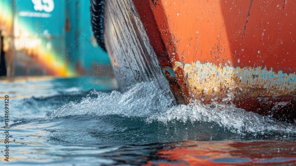 Naklejka premium Boat cuts water, creating splashes.