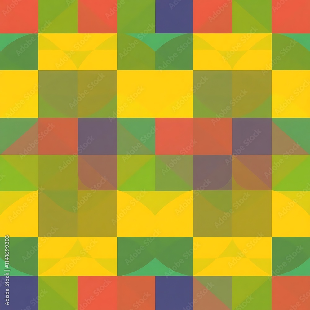 Abstract Geometric Pattern:  A vibrant and dynamic digital artwork showcasing an abstract geometric pattern with overlapping squares, circles.