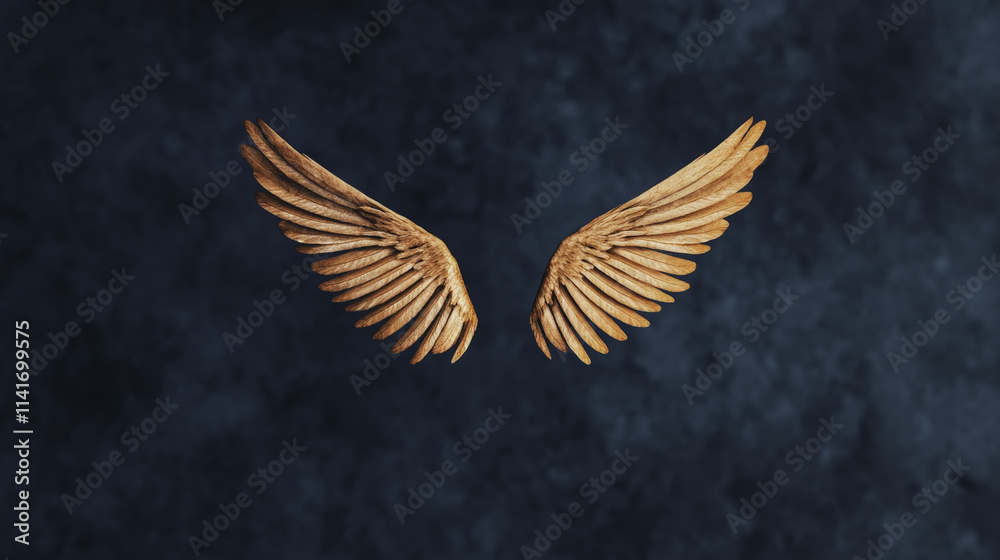 Obraz premium stunning pair of angel wings crafted from wood, glowing softly against dark background, evoking sense of divinity and wonder