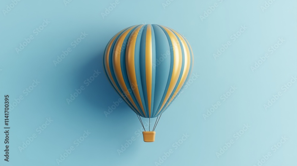Obraz premium Vibrant colorful blue and gold flying balloon on light blue background, perfect for celebrations, parties, and festive events