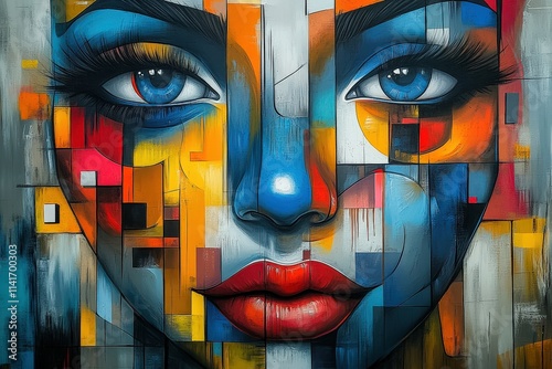 A striking portrait of a woman with vibrant colors and bold geometric patterns, showcasing detailed blue eyes and vivid red lips.