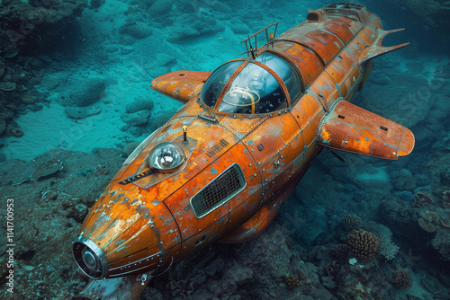 Beautiful large bathyscaphe floating in middle of ocean during exploration photo