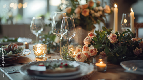 Romantic dinner table setting roses candles wine glasses table food plates flowers warm intimate elegant luxury peach pink candlelight glass centerpiece setting decor romantic date evening