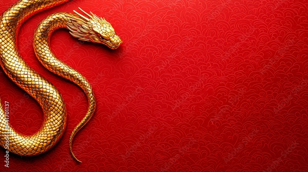 Elegant Chinese Snake with Gold Scales on Red Background Elegant Chinese Snake with Gold Scales on Red Background