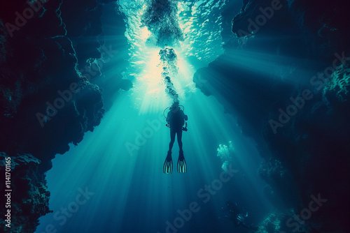 Beautiful diver goes on an underwater adventure in frighteningly deep sea