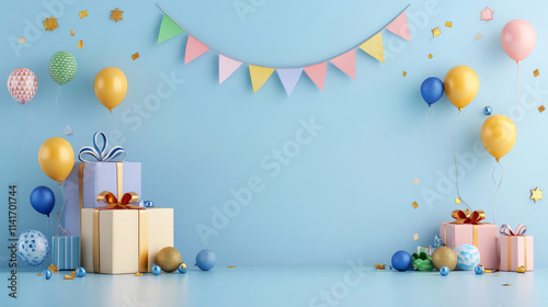 Bright and festive scene featuring colorful balloons, gift boxes, and decorative bunting against blue background, perfect for celebrations and parties
