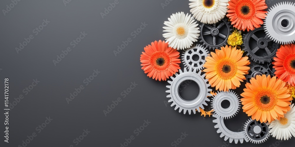 A vibrant arrangement of colorful flowers and gears, combining nature and machinery in a visually striking composition on a dark background. A vibrant arrangement of colorful flowers and gears, combining nature and machinery in a visually striking composition on a dark background.
