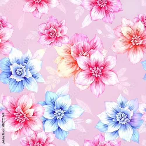 Floral Dreamscape: Delicate, pastel hues and vibrant blooms dance across a soft pink canvas. A seamless pattern of delicate flowers, perfect for adding a touch of whimsy and elegance to your designs.