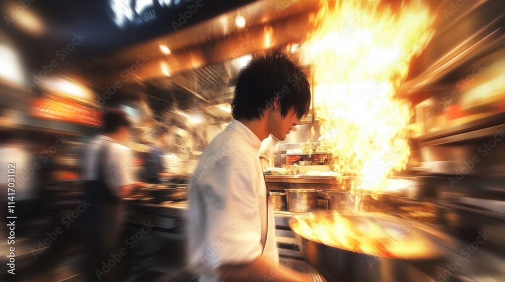 Dynamic Chef Cooking in Blur with Dining Customers - Culinary Experience Background Dynamic Chef Cooking in Blur with Dining Customers - Culinary Experience Background