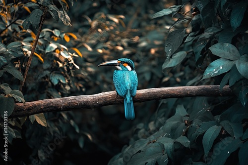 A vibrant green bird with blue eyes perched on the branch of a tree, showing its long beak and colorful plumage photo